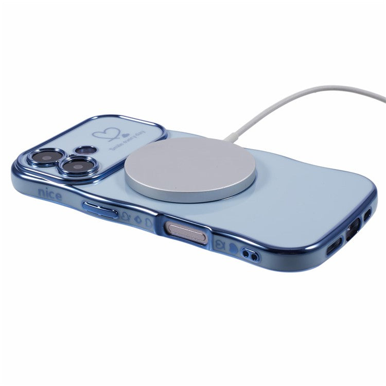 For iPhone 16 Plus Magnetic Case Electroplating Curly Frame TPU Phone Cover Large Window - Blue
