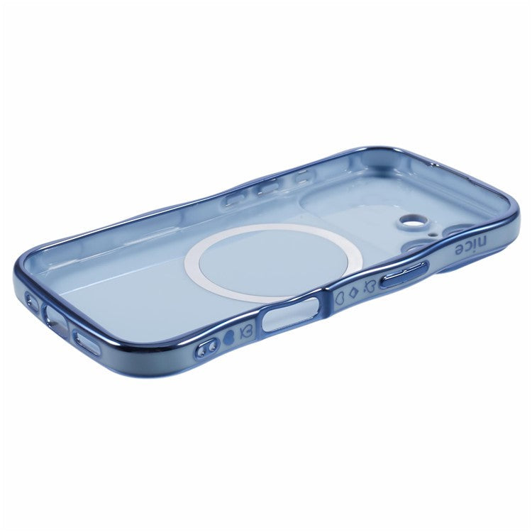 For iPhone 16 Plus Magnetic Case Electroplating Curly Frame TPU Phone Cover Large Window - Blue