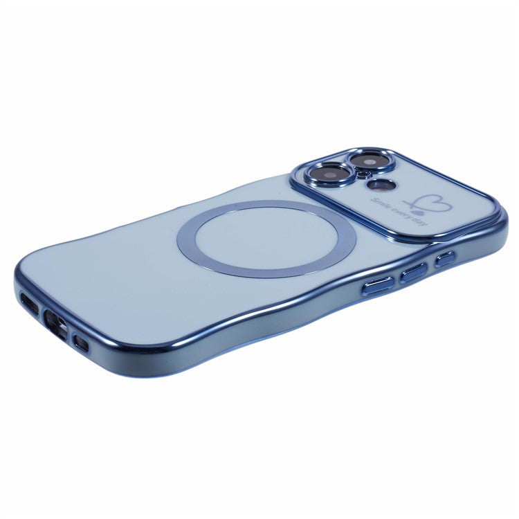 For iPhone 16 Plus Magnetic Case Electroplating Curly Frame TPU Phone Cover Large Window - Blue