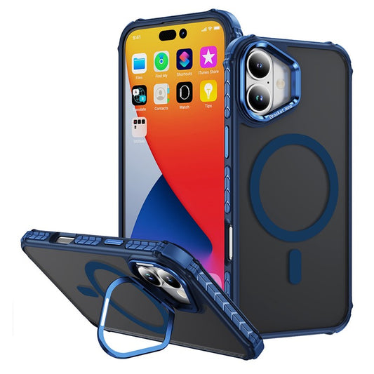 For iPhone 16 Case with Lens Kickstand Matte Back Cover Compatible with MagSafe - Blue