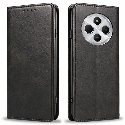 For Xiaomi Poco C75 4G / Redmi 14R 5G / 14C 4G Case Strong Magnetic PU Leather Phone Cover Calf Texture - Black