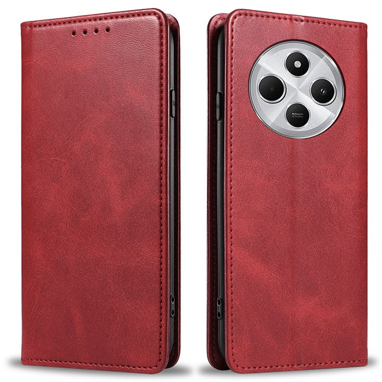 For Xiaomi Poco C75 4G / Redmi 14R 5G / 14C 4G Case Strong Magnetic PU Leather Phone Cover Calf Texture - Red