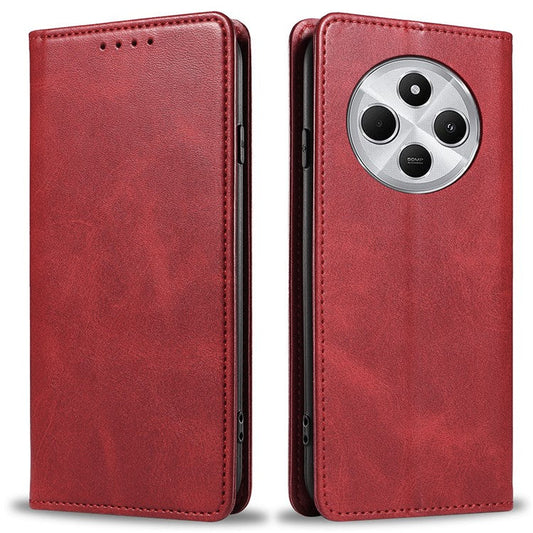 For Xiaomi Poco C75 4G / Redmi 14R 5G / 14C 4G Case Strong Magnetic PU Leather Phone Cover Calf Texture - Red