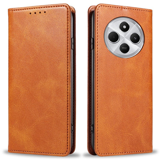 For Xiaomi Poco C75 4G / Redmi 14R 5G / 14C 4G Case Strong Magnetic PU Leather Phone Cover Calf Texture - Khaki