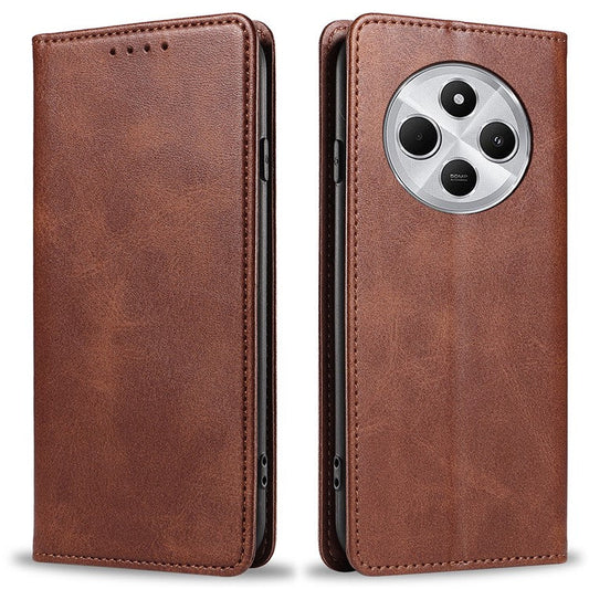 For Xiaomi Poco C75 4G / Redmi 14R 5G / 14C 4G Case Strong Magnetic PU Leather Phone Cover Calf Texture - Brown