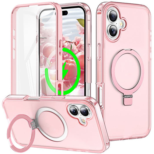 For iPhone 16 Case Frosted TPU+PC Phone Cover with Magnetic Kickstand PET Screen Protector Compatible with MagSafe - Pink