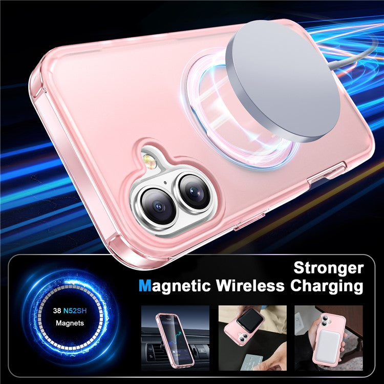 For iPhone 16 Case Frosted TPU+PC Phone Cover with Magnetic Kickstand PET Screen Protector Compatible with MagSafe - Pink
