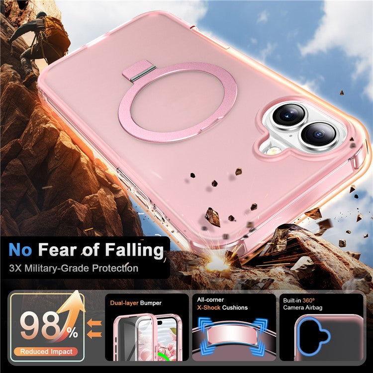 For iPhone 16 Case Frosted TPU+PC Phone Cover with Magnetic Kickstand PET Screen Protector Compatible with MagSafe - Pink