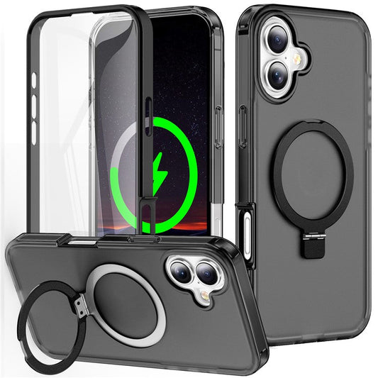 For iPhone 16 Plus Case Frosted TPU+PC Phone Cover with Magnetic Kickstand PET Screen Protector Compatible with MagSafe - Black