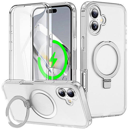 For iPhone 16 Plus Case Frosted TPU+PC Phone Cover with Magnetic Kickstand PET Screen Protector Compatible with MagSafe - Transparent