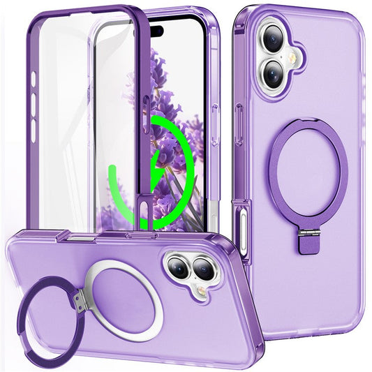 For iPhone 16 Plus Case Frosted TPU+PC Phone Cover with Magnetic Kickstand PET Screen Protector Compatible with MagSafe - Purple