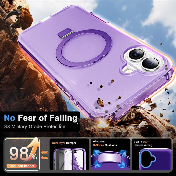 For iPhone 16 Plus Case Frosted TPU+PC Phone Cover with Magnetic Kickstand PET Screen Protector Compatible with MagSafe - Purple