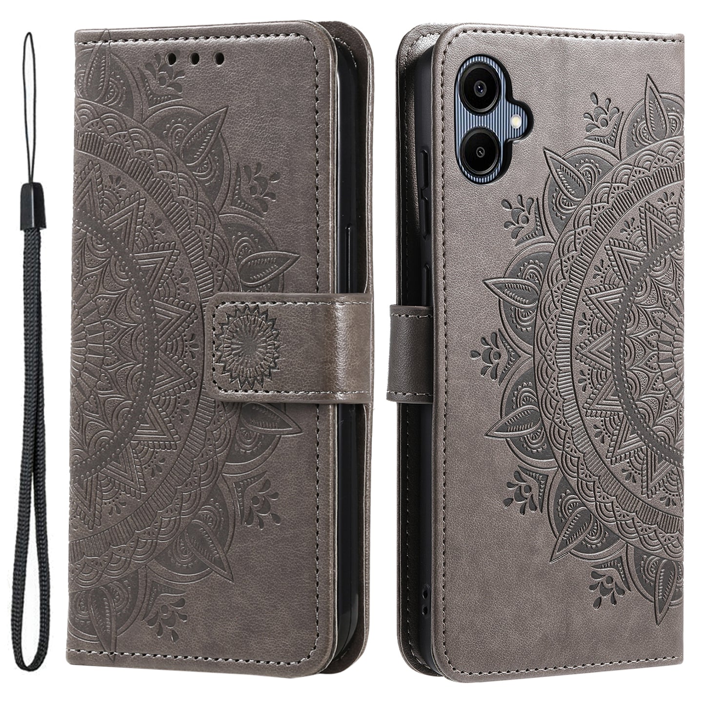 For Samsung Galaxy A06 Case Imprinted Totem PU Leather Wallet Stand Phone Cover - Grey