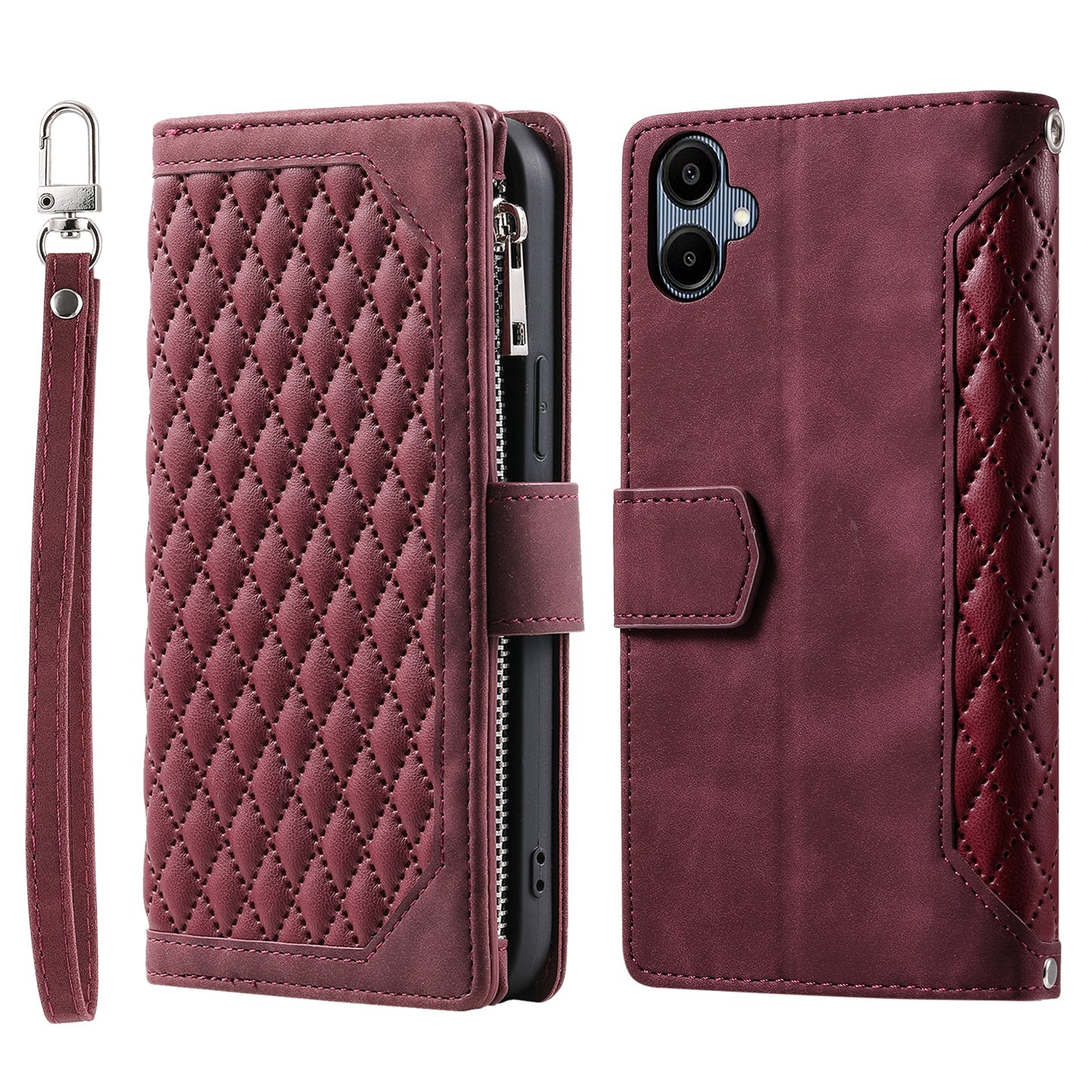 Style 005 For Samsung Galaxy A06 Wallet Case Rhombus Stitching Line PU Leather Phone Cover - Wine Red