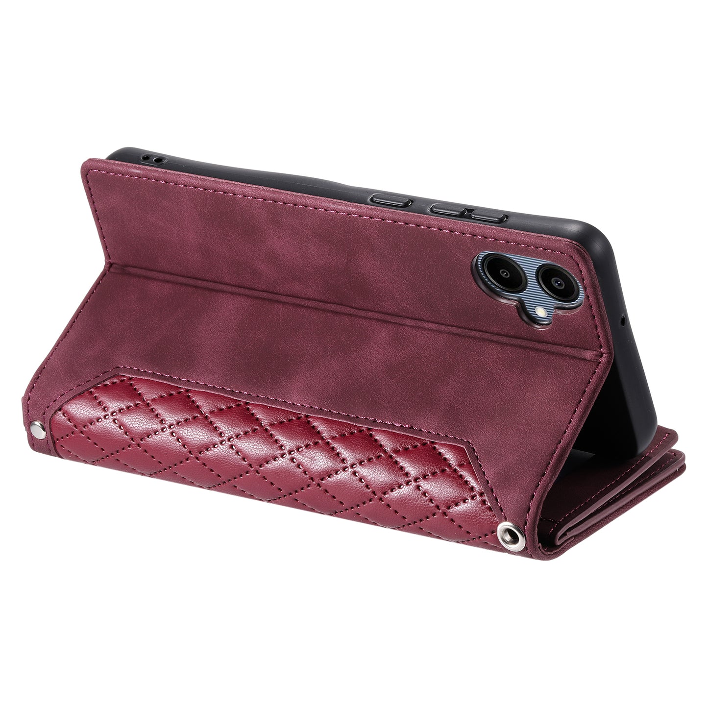 Style 005 For Samsung Galaxy A06 Wallet Case Rhombus Stitching Line PU Leather Phone Cover - Wine Red