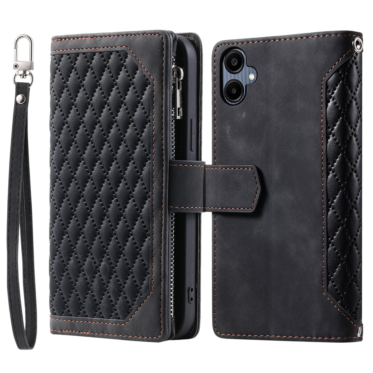 Style 005 For Samsung Galaxy A06 Wallet Case Rhombus Stitching Line PU Leather Phone Cover - Black