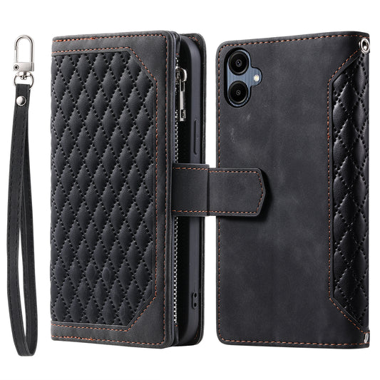 Style 005 For Samsung Galaxy A06 Wallet Case Rhombus Stitching Line PU Leather Phone Cover - Black