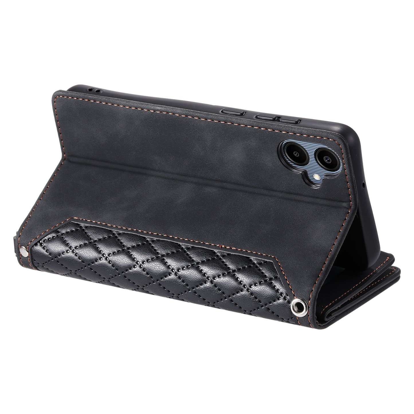 Style 005 For Samsung Galaxy A06 Wallet Case Rhombus Stitching Line PU Leather Phone Cover - Black