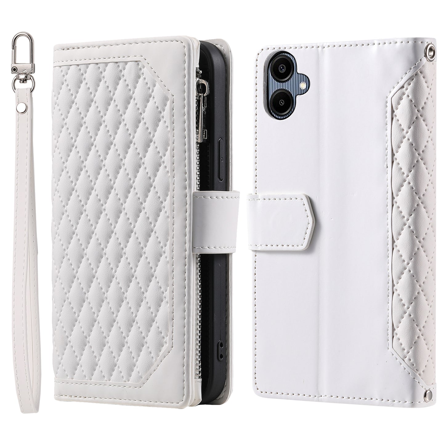 Style 005 For Samsung Galaxy A06 Wallet Case Rhombus Stitching Line PU Leather Phone Cover - White