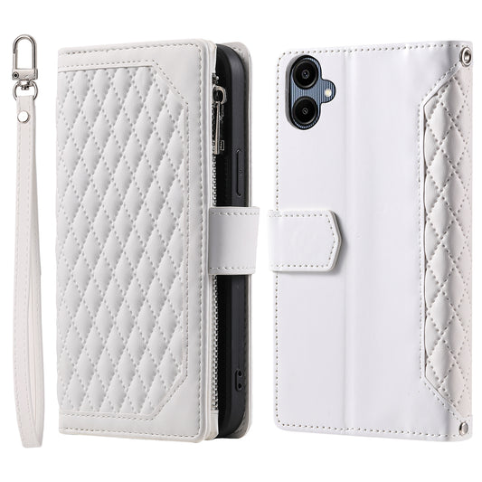 Style 005 For Samsung Galaxy A06 Wallet Case Rhombus Stitching Line PU Leather Phone Cover - White