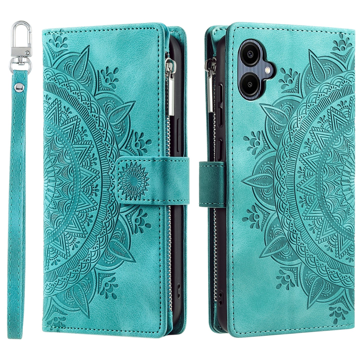 Style 006 For Samsung Galaxy A06 Wallet Case PU Leather Phone Cover Mandala Flower Pattern - Mint Green