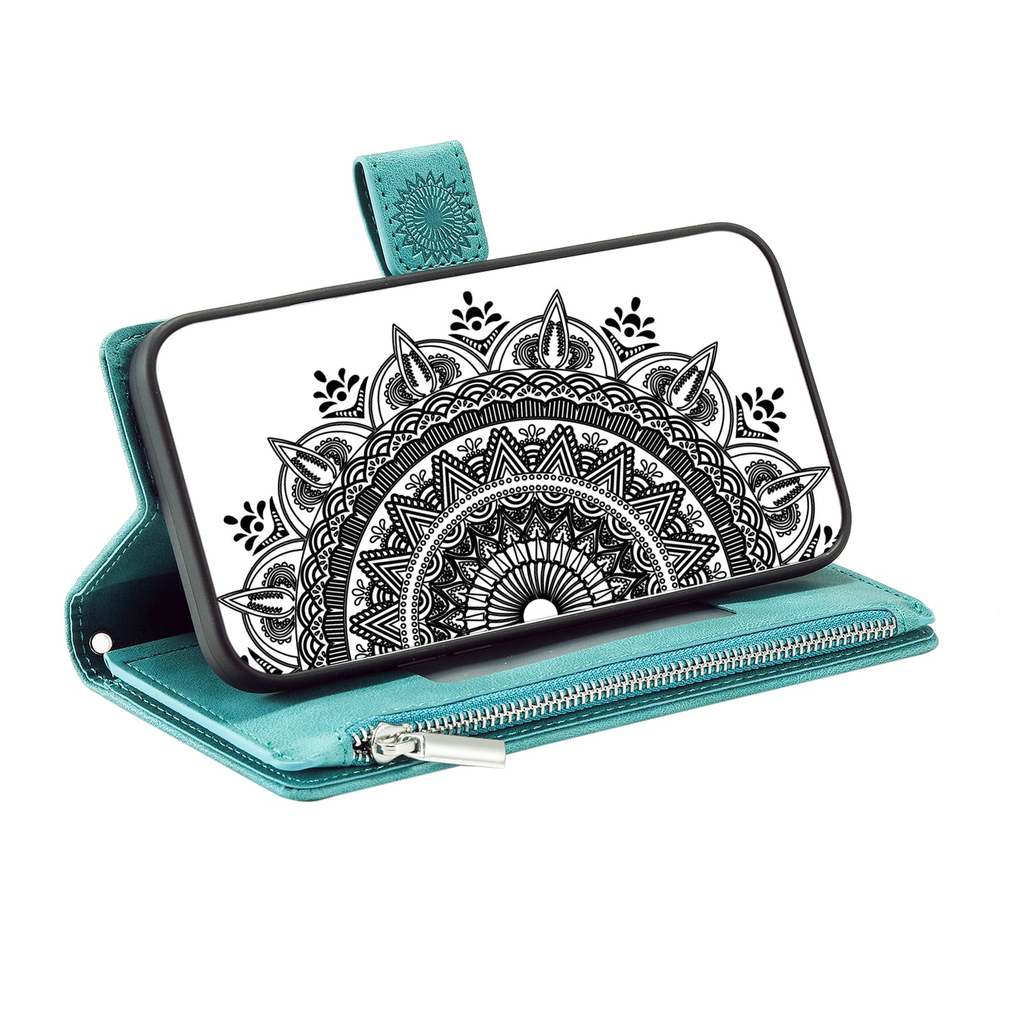 Style 006 For Samsung Galaxy A06 Wallet Case PU Leather Phone Cover Mandala Flower Pattern - Mint Green