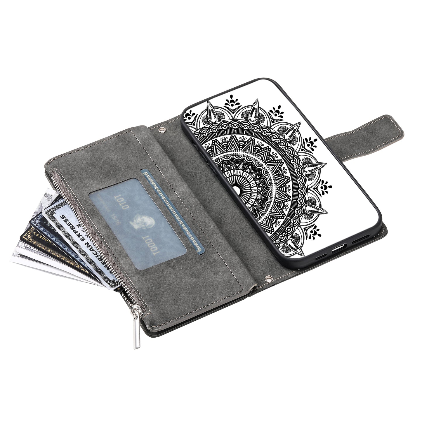 Style 006 For Samsung Galaxy A06 Wallet Case PU Leather Phone Cover Mandala Flower Pattern - Grey