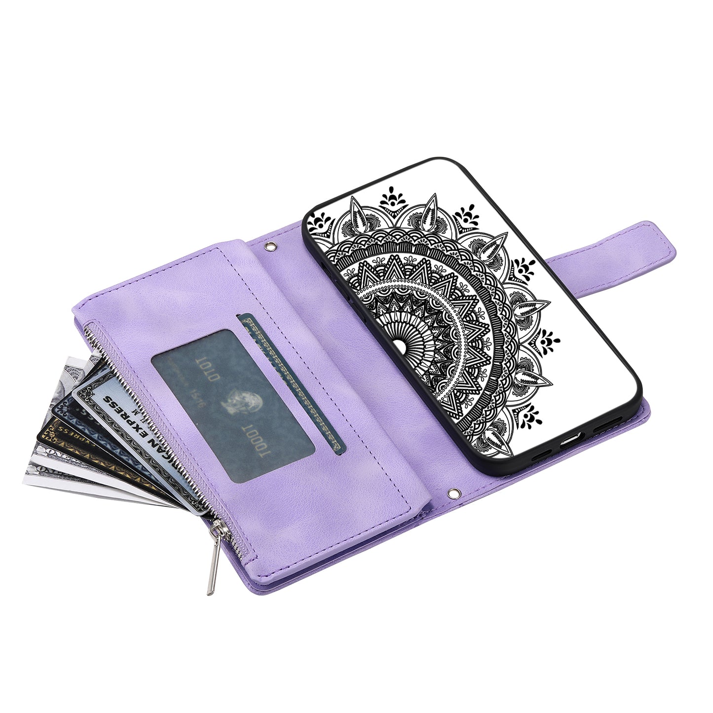 Style 006 For Samsung Galaxy A06 Wallet Case PU Leather Phone Cover Mandala Flower Pattern - Purple