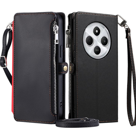 015 Style For Xiaomi Poco C75 4G / Redmi 14R 5G / 14C 4G Case TPU+PU Leather Wallet Phone Cover with Straps - Black
