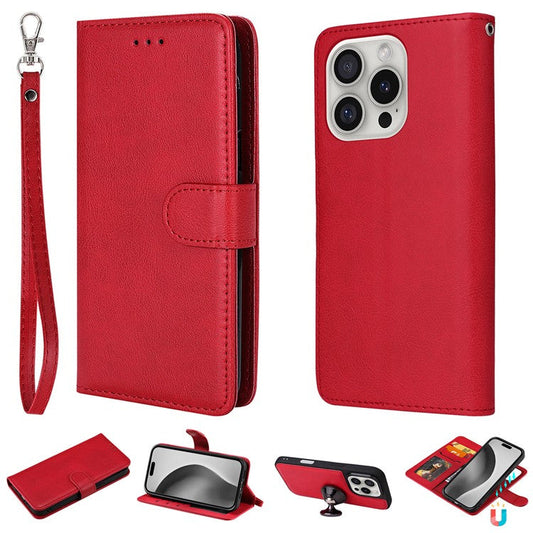 KT Leather Series-3 For iPhone 16 Pro Max Case PU Leather 2 in 1 Wallet Phone Cover Magnetic Detachable - Red