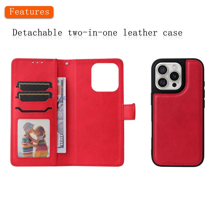 KT Leather Series-3 For iPhone 16 Pro Max Case PU Leather 2 in 1 Wallet Phone Cover Magnetic Detachable - Red