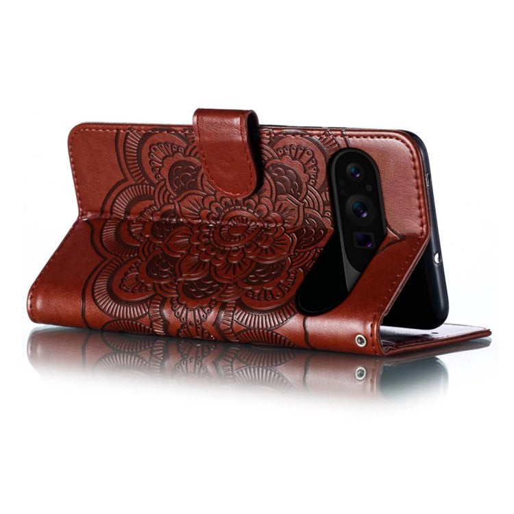 For Google Pixel 9 Pro XL Case PU Leather Mandala Imprinted Design Wallet Phone Cover - Brown