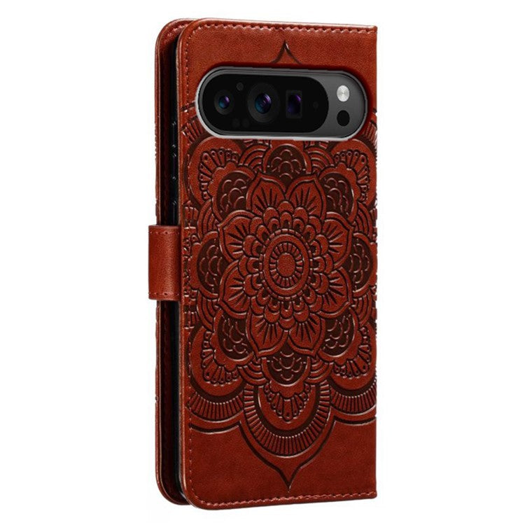 For Google Pixel 9 Pro XL Case PU Leather Mandala Imprinted Design Wallet Phone Cover - Brown