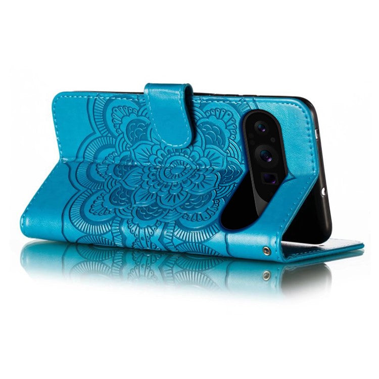 For Google Pixel 9 Pro XL Case PU Leather Mandala Imprinted Design Wallet Phone Cover - Blue