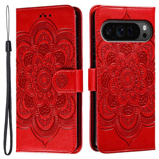 For Google Pixel 9 Pro XL Case PU Leather Mandala Imprinted Design Wallet Phone Cover - Red