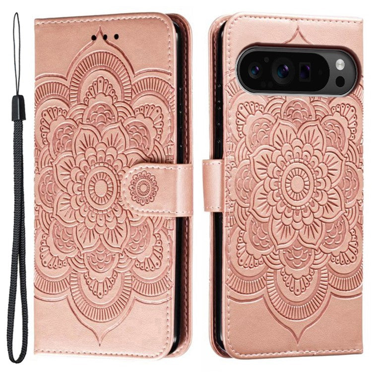 For Google Pixel 9 Pro XL Case PU Leather Mandala Imprinted Design Wallet Phone Cover - Rose Gold