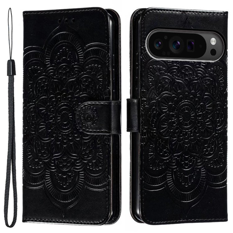 For Google Pixel 9 Pro XL Case PU Leather Mandala Imprinted Design Wallet Phone Cover - Black