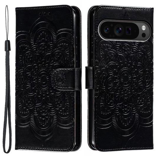 For Google Pixel 9 Pro XL Case PU Leather Mandala Imprinted Design Wallet Phone Cover - Black