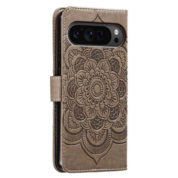For Google Pixel 9 Pro XL Case PU Leather Mandala Imprinted Design Wallet Phone Cover - Grey