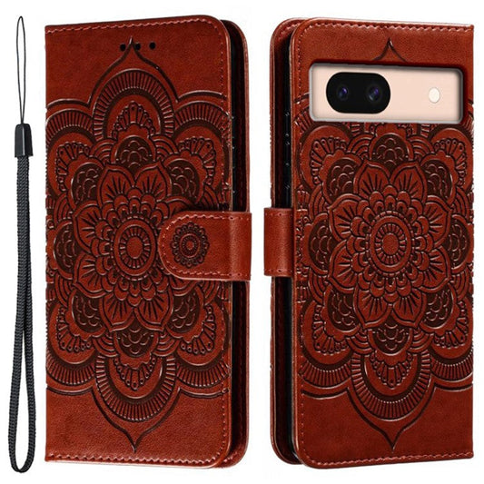 For Google Pixel 8a Case PU Leather Mandala Imprinted Design Wallet Phone Cover - Brown