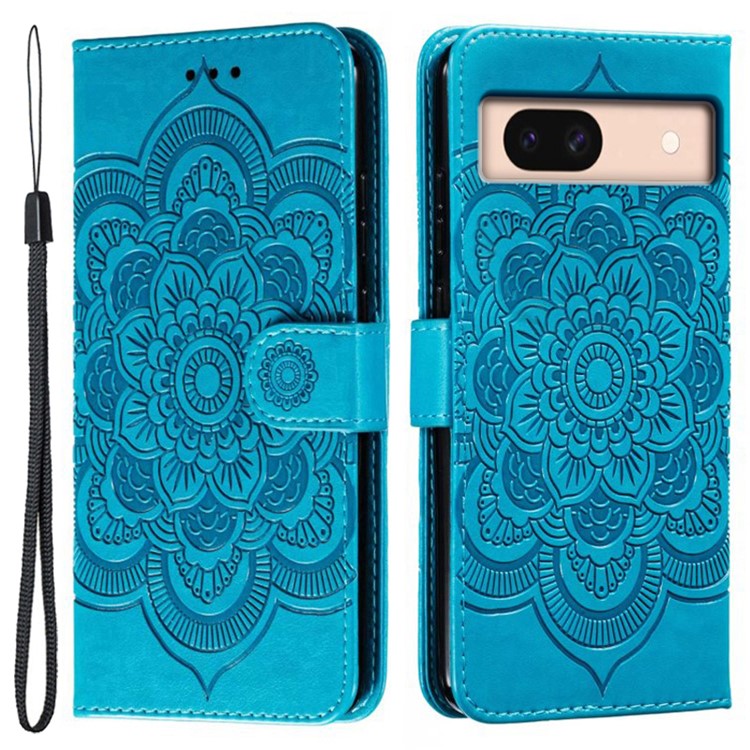 For Google Pixel 8a Case PU Leather Mandala Imprinted Design Wallet Phone Cover - Blue