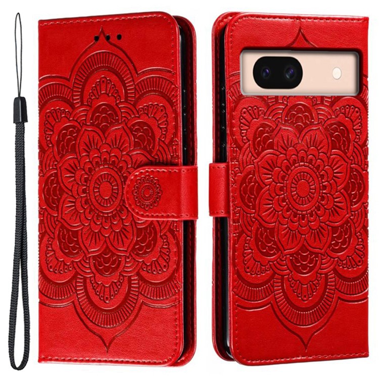 For Google Pixel 8a Case PU Leather Mandala Imprinted Design Wallet Phone Cover - Red