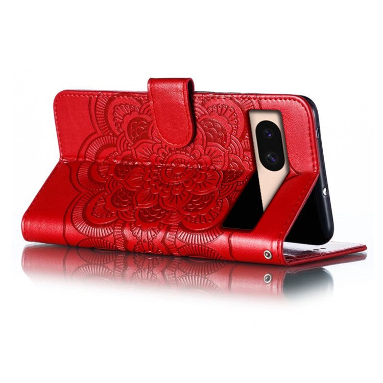 For Google Pixel 8a Case PU Leather Mandala Imprinted Design Wallet Phone Cover - Red