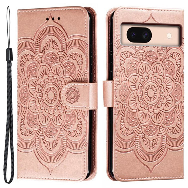 For Google Pixel 8a Case PU Leather Mandala Imprinted Design Wallet Phone Cover - Rose Gold