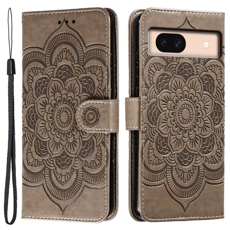 For Google Pixel 8a Case PU Leather Mandala Imprinted Design Wallet Phone Cover - Grey