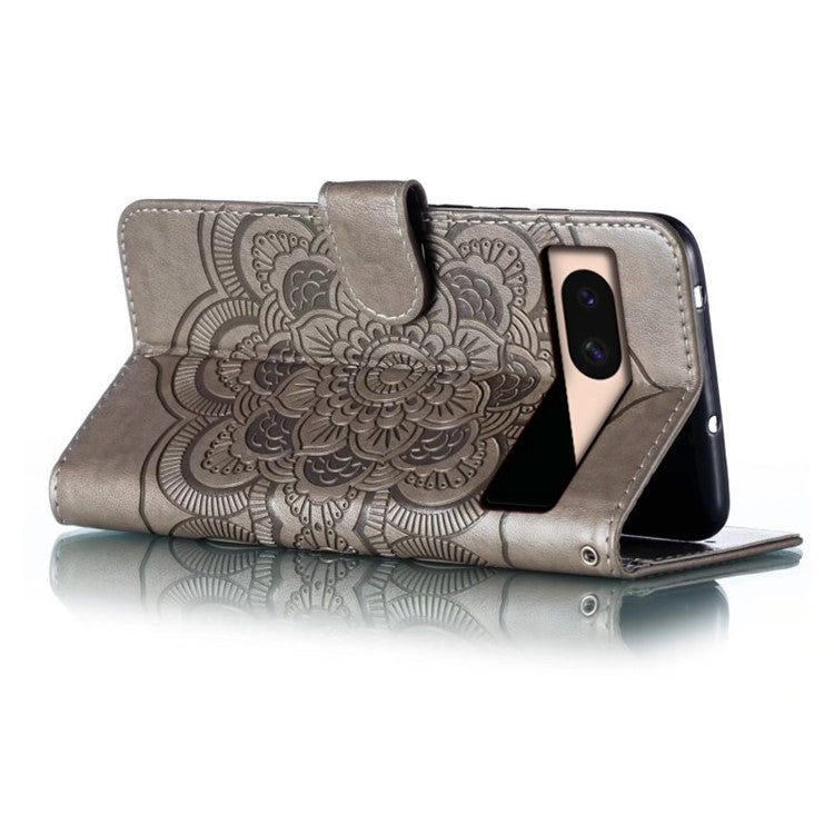 For Google Pixel 8a Case PU Leather Mandala Imprinted Design Wallet Phone Cover - Grey