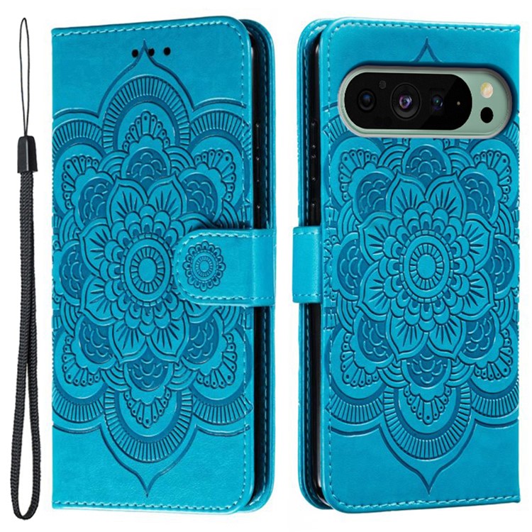 For Google Pixel 9 Pro / Pixel 9 Case PU Leather Mandala Imprinted Design Wallet Phone Cover - Blue
