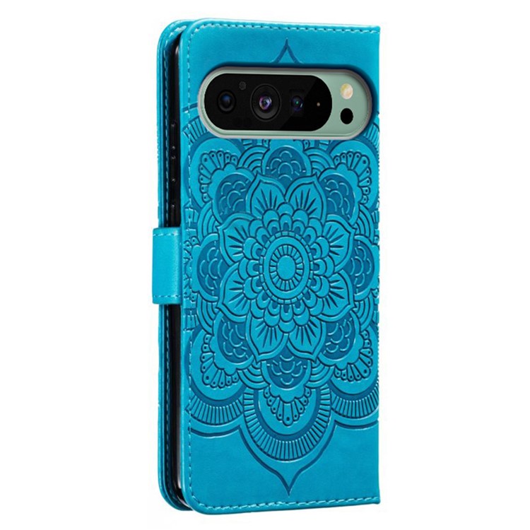 For Google Pixel 9 Pro / Pixel 9 Case PU Leather Mandala Imprinted Design Wallet Phone Cover - Blue