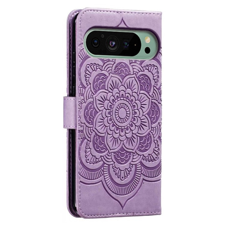 For Google Pixel 9 Pro / Pixel 9 Case PU Leather Mandala Imprinted Design Wallet Phone Cover - Purple