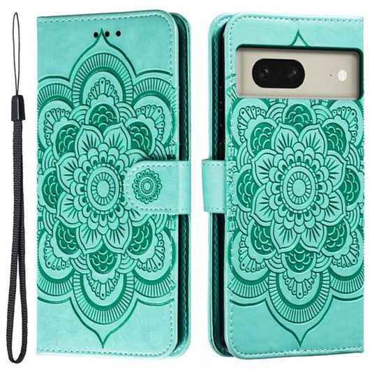 For Google Pixel 8 Case PU Leather Mandala Imprinted Design Wallet Phone Cover - Green